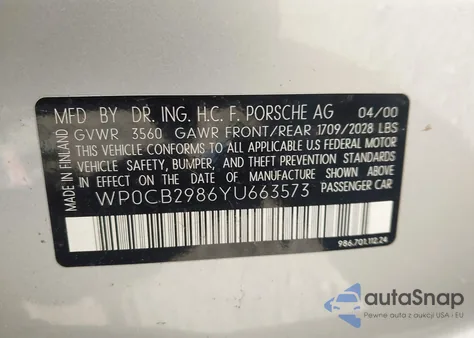 2000 Porsche Boxster S from USA, damaged, VIN WP0CB2986YU663573